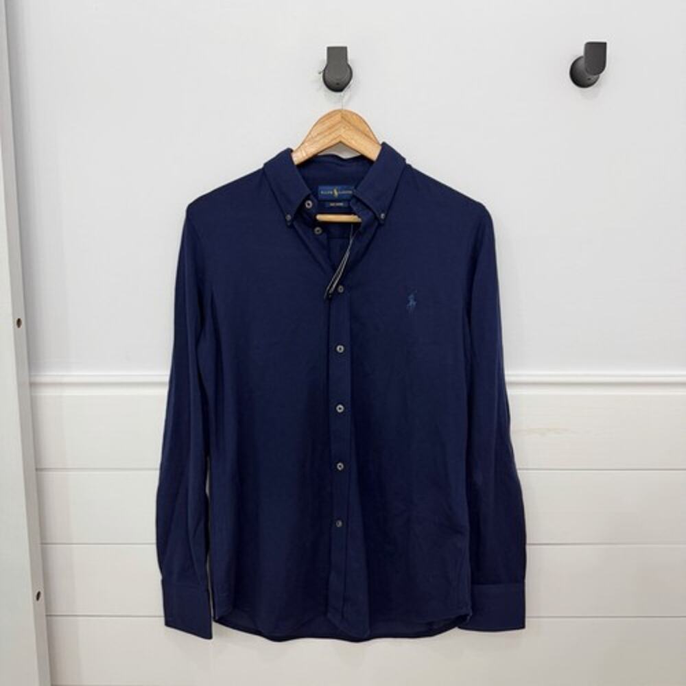 NWT! Women’s Ralph Lauren Knit Oxford Navy Blue Button Down Shirt Size L